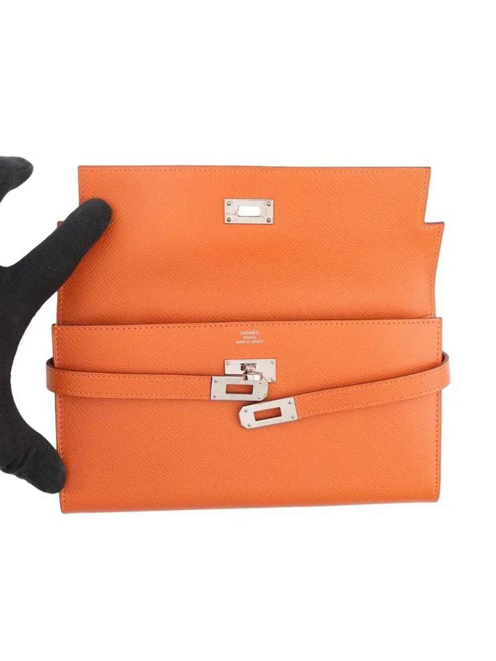 Hermes Wallet Kelly Long Orange Silver Epsom